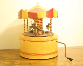 SALE - Vintage Handmade Wooden Spinning Carousel Toy with Crank, Folk Art, Kids Room Decor, Set Design