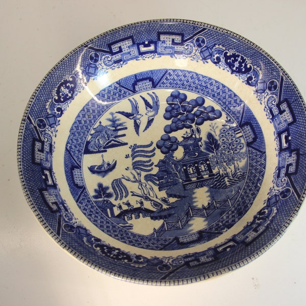 Semi-Virtuous, Buffalo Pottery, 1910, 8 1/2 inch bowl, Original, Blue Willow, Collectible Pottery, Beautiful Bowl, Original Antique