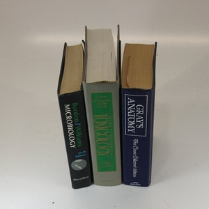 Puede incluir: Tres libros de tapa dura: "Microbiología", "Toxicología" y "Anatomía de Gray". Los libros tienen lomos de diferentes colores: negro, verde y azul. Los libros están de pie sobre un fondo blanco.