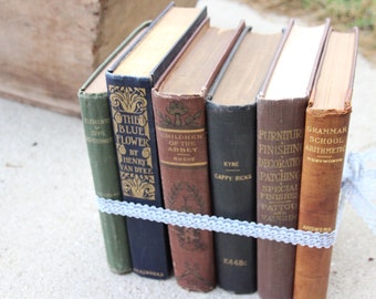 May include: A collection of vintage books bound together with a light blue ribbon. The books have aged covers in various colors, including green, navy, and brown. Titles include "The Blue Flower" and "Children of the Abbey".