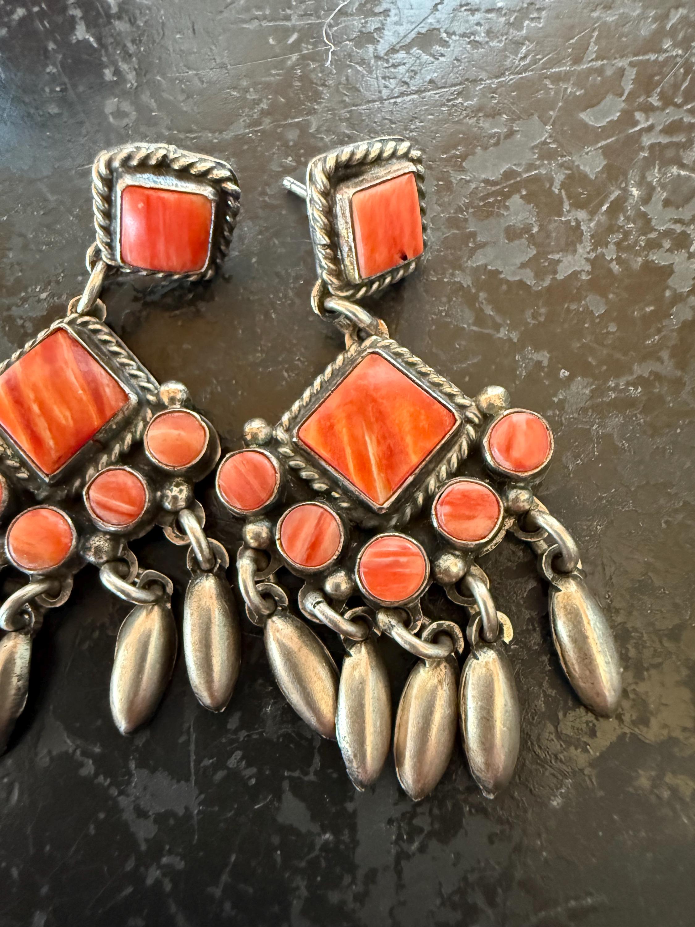 Andy Cadman, Navajo, Sterling, Coral, Dangle Earrings, Pierced