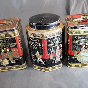 Set of 3, Vintage English, Biscuit Tins, Asian Decor, Kitchen Decor, Black, Red, Gold, Candy Tins, Decorative Tins