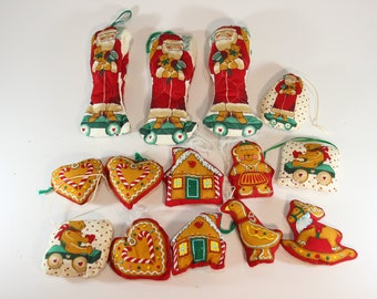 Set of 14, Vintage, Christmas Ornaments, Fabric Ornament,Shoe, Vintage Ornament, Christmas Decor, Santa Claus, Hearts, Teddy Bears