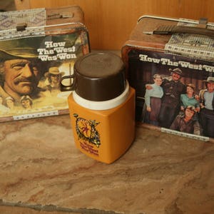SPRING SALE - Set of Two Vintage Metal Lunch Box With Handle Latch Closure How the West Was Won Thermos Brand 1970s