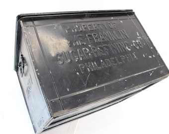 Vintage Anfang der 1900er Jahre, Franklin Sugar Refining Co. Philadelphia, Blechkiste, Metalldose, Industrial Dekor, Metallaufbewahrung, Klappaufbewahrung
