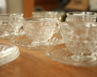 SET di sei, tazza e piattini, fostoria vetro cristallo americano, vintage anni '50, fulcro, vacanza, arredamento primaverile, bellissimo piatto, vetro