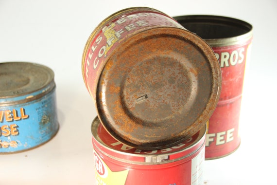 Set of 7, 1950s, 1940s, Vintage Coffee Cans, IGA, Maxwell House