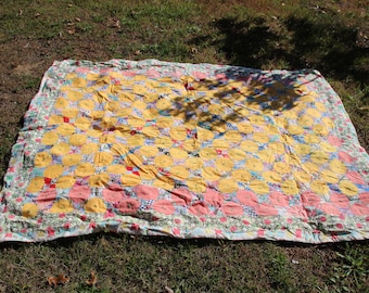 Vintage Patchwork Quilt, Twin Sized, Boho, 1960s, Old Fabric, Cottage Chic, Blanket, Summer, Cottage Bedding, Sofa Blanket