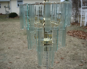 Vintage, Glass Rod, Chandelier, Etched Beveled Glass Panels, Sciolari Lightolier Style, Hollywood Regency 1990's , Gold Chandelier
