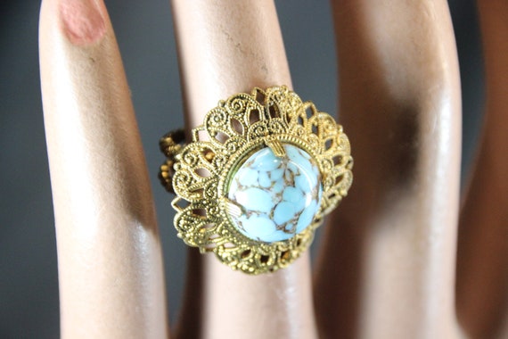 Vintage Marked, German Ring, Blue Glass, Filagree… - image 7
