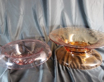 2, Vintage, Konsolenschalen, Depressionsglas, rosa, bernsteinfarbenes Glas, 1930er Jahre Glas, schöne Glaswaren, rosa, Sommer, Frühling