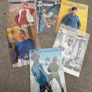 May include: A collection of vintage knitting and crochet pattern magazines. The covers feature images of sweaters, jackets, and other knitted garments. Titles include "Fashion Knitting," "Brunswick," "Columbia Minerva," "Knitting Elegance," "Spinnerin," and "Natuurwol."