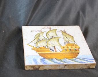 Antique, Handmade, Ship Tile, 1/2 Thick Tile, Old Tile, European, Tall Ship, Old Ship, Folk Art, Terra cotta, Old Tile, Lake House, Cottage