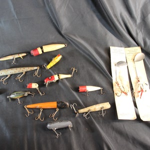 Vintage Fishing Lures Lot of Five Lures Little Cleo, Glen Evans, Blue Fox,  Chub Creek, Fishing, Cabin, Man Cave Decor 