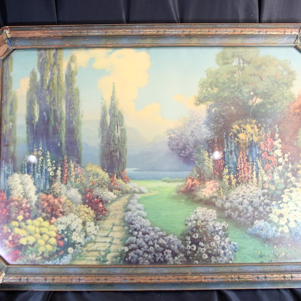 Framed R. Atkinson Fox, Lithograph Print, Wall Art, 1926, Art Deco Decor, Titled: English Garden, Probation, Flipper Era, Roaring 20s