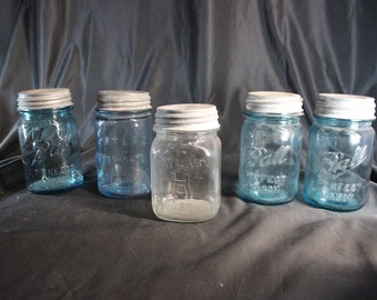 5, Pint Blue Ball Jars, Aqua, Blue, Clear, Canning Jars, Wedding Decor, Vintage Jars, Gifts, Grandma's Jars, 1920s