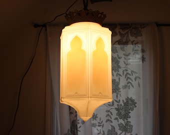 Very Large, Art Deco, White, Gold, Milk Glass, Swag Lamp, Glass and Brass, Light Fixture, Old Lamp, Home Decor, Home Lighting, Waffled