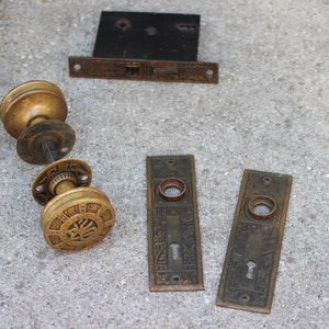 Antique, Brass Door Knob, with Plates, Vintage Door Knob, Rustic, Primitive, Stamped Brass, Home Decor, Hooks, Brass Decor, Accent