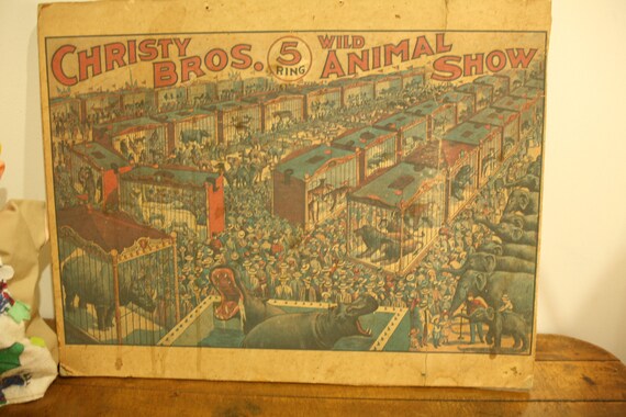 Vintage Circus Poster, Christy Bros. Wild Animal Show, Cardboard