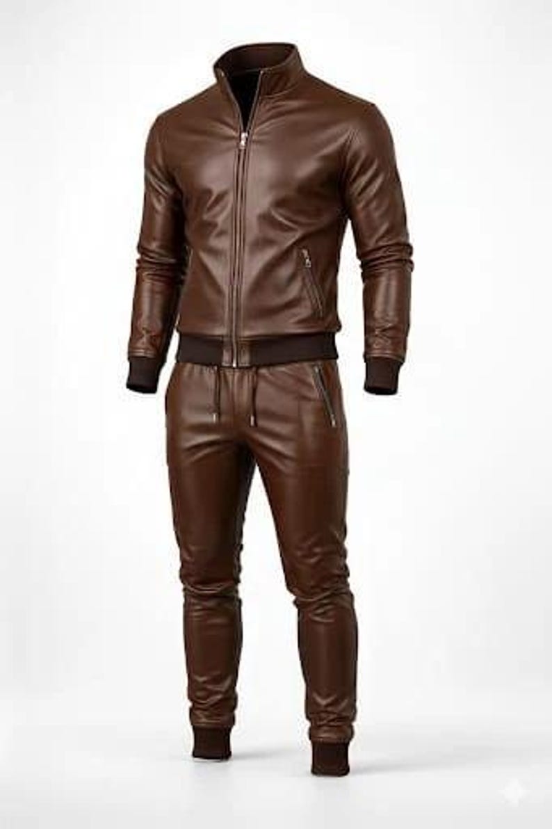 May include: A brown leather tracksuit, featuring a zip-up jacket with a stand-up collar and matching pants. The jacket has a front zipper and side pockets. The pants have a drawstring waist and zippered pockets. The cuffs and waistband are ribbed.