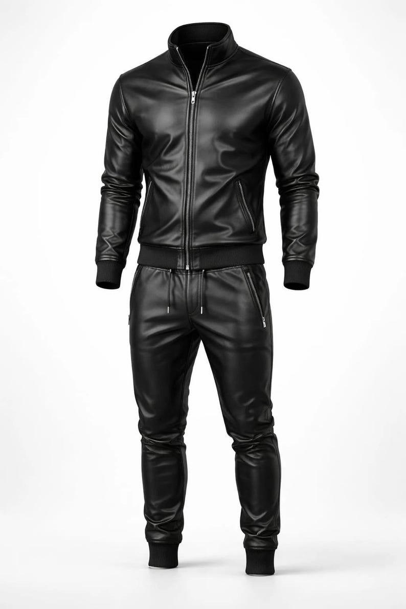 May include: A black leather jacket and matching pants set. The jacket features a zip-up front, a stand-up collar, and ribbed cuffs and hem. The pants have a drawstring waist and zippered pockets. The outfit is made of a shiny, smooth material.