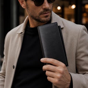 May include: A slim, rectangular black wallet with a smooth, matte finish and clean, straight edges. The wallet is held upright, showcasing its elongated vertical design, minimalist construction, and uniform dark color throughout the exterior surface.