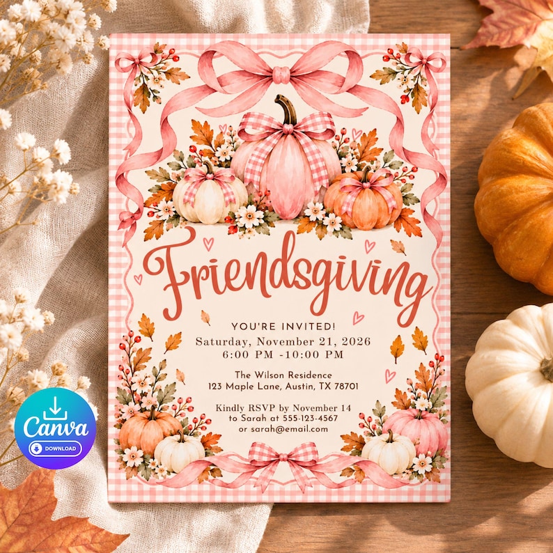 Editable Friendsgiving Invitation, Pink Pumpkin Coquette Party Template ...