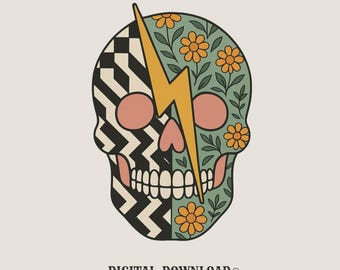 boho chic skull png aesthetic digital download gift for skull lovers hippie girls modern skull tee design marigold floral t-shirt graphic