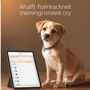 May include: A light brown puppy with a white chest and a purple collar sits next to a tablet displaying a list of messages. The text "Wutft-foimracknet trainingisirdes cry" is visible at the top of the image in a clean, white font.