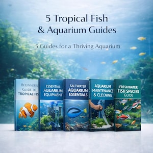 May include: Five aquarium guide books are displayed, each with a different title, including "Beginner's Guide to Tropical Fish" and "Freshwater Fish Species Guide." The books feature images of fish and aquarium scenes.