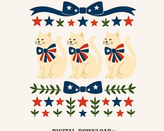 4th of july cat png festive digital download gift for cat lovers folk art fans patriotic kitty t-shirt graphic holiday cat artwork png