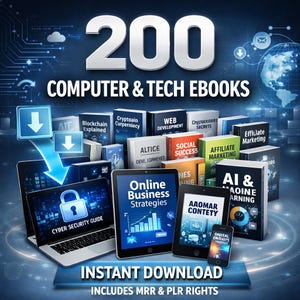 Puede incluir: Imagen que promociona 200 eBooks de informática y tecnología. La imagen presenta un portátil, una tableta y un smartphone que muestran el texto "Cyber Security Guide" y "Online Business Strategies". Las palabras "Instant Download" e "Includes MRR & PLR Rights" también son visibles.