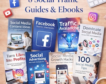 8 Social Traffic Mastery Guides & eBooks, MRR Included, Social Media Marketing, Traffic Generation, Digital Download, Resell Rights PLR