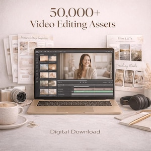 May include: A gold laptop showing video editing software, with the text "50,000+ Video Editing Assets" above it. Other items include a camera, headphones, and a coffee cup. The words "Digital Download" are at the bottom.