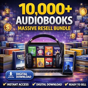 Może przedstawiać: Obraz promujący cyfrowy pakiet audiobooków z ponad 10 000 tytułów. Laptop wyświetla okładki audiobooków, smartfon pokazuje "Motivational Stories", a słuchawki są widoczne. Tekst podkreśla "Massive Resell Bundle" i "Digital Download".