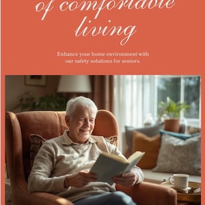 May include: A poster with a coral background featuring the text Discover the joy of comfortable living and Enhance your home environment with our safety solutions for seniors. Below, an older person reads a book in a brown armchair.
