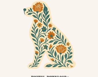 spaniel silhouette art png hand drawn digital download gift for dog moms pet lovers dog breed tee design floral pattern artwork folk style