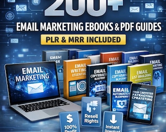 200+ Email Marketing eBooks, PDF Guides, PLR, MRR Included, Learn Email Marketing, Digital Download, Resell Rights, Passive Income