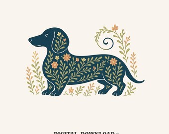 botanical dachshund png hand drawn digital download gift for cottagecore girls dog moms floral dog t-shirt graphic cute nature print png dog
