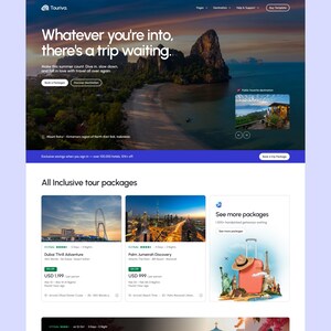 以下が含まれることがあります： 旅行代理店Tourivaのウェブサイトレイアウト。ビーチの画像と「Whatever you're into, there's a trip waiting.」というテキストが表示されています。ドバイやギリシャなど、オールインクルーシブのツアーパッケージを画像と詳細とともに紹介しています。