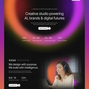 May include: A website design featuring a gradient background of orange, purple, and black. The site promotes a creative studio specializing in AI, brands, and digital futures. The site includes text, graphics, and a photo of a woman wearing headphones.