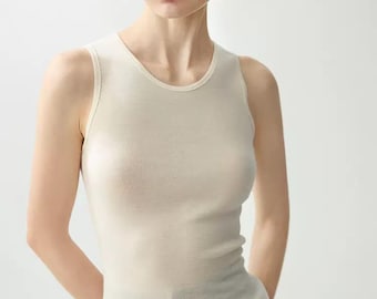 100% Merino Wolle Tank Top für Frauen, Leichtes ärmelloses Strickoberteil, weiches Frühlings-Sommer-Woll-Oberteil, Biella Garn Basic Weste