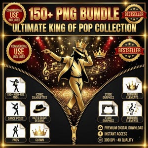 150 King of Pop PNG-paket | Ikoniska silhuetter, dansposer, hattgrafik (digital nedladdning)