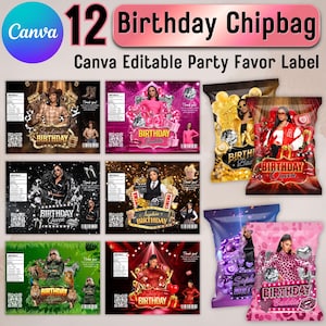 May include: A selection of 12 birthday chip bag designs. Each bag features a unique design with images of women, text, and decorative elements. The bags are labelled "Birthday" and "Canva Editable Party Favor Label."