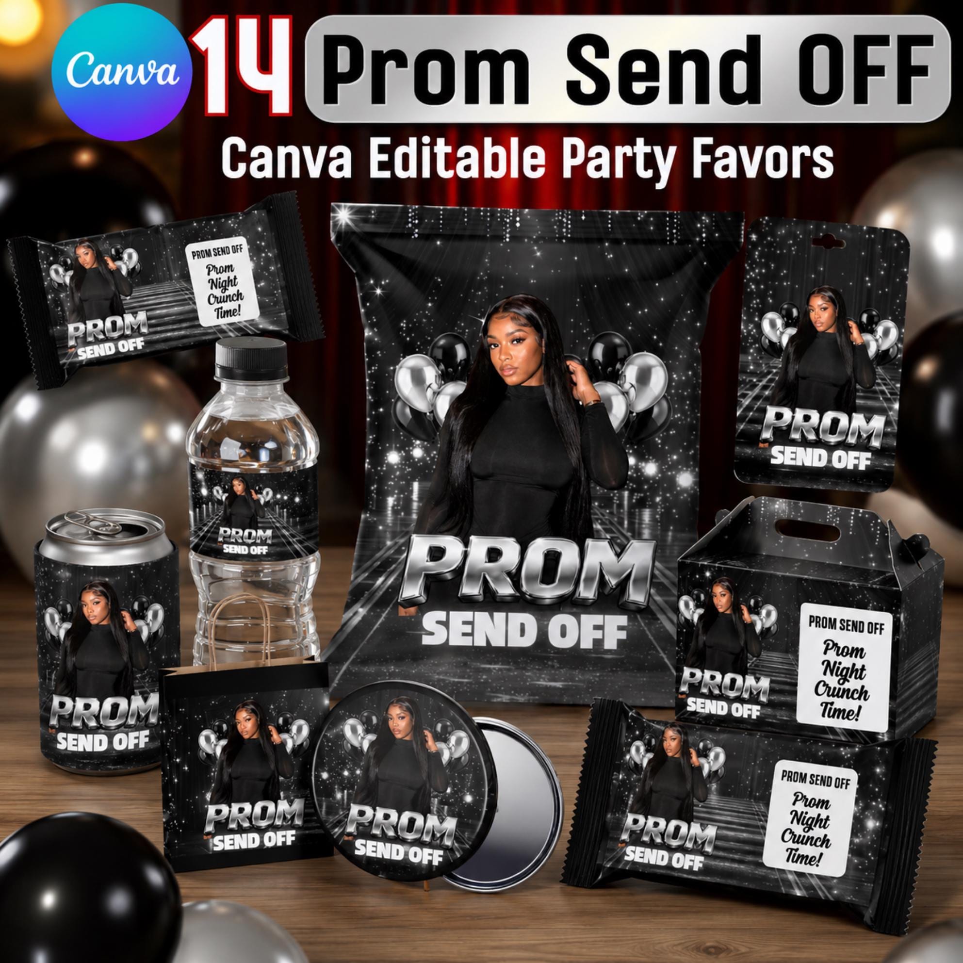 Prom Send off Party Favor Template Bundle, Canva Editable Black Party ...