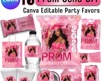 Prom Send Off Party Favor Template Bundle, Canva Editable Pink Party Favor Designs, Printable Prom Chip Bag, Chocoalate, DIY Prom Party
