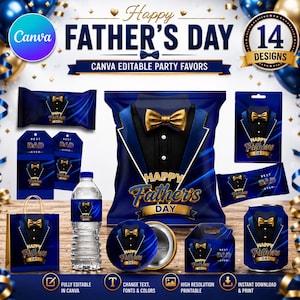 Peut inclure: Un ensemble de 14 modèles de cadeaux de fête personnalisables pour la fête des pères, arborant un motif de smoking bleu marine et doré avec un nœud papillon. Inclut des étiquettes pour sachets, bouteilles, cadeaux et boîtes avec le texte Happy Father's Day.