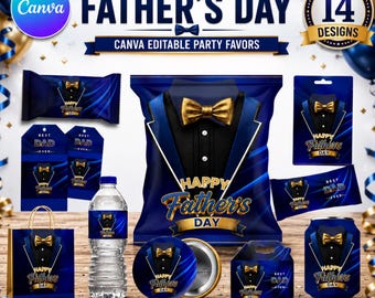 14 plantillas de Canva para recuerdos de fiesta del Día del Padre, envoltorios editables para bolsas de snacks para papá, paquete de recuerdos de fiesta para papá, papel de regalo para el Día del Padre, botella de agua
