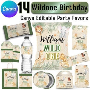 May include: A collection of party favors with a jungle theme, including a water bottle, candy bar, gift bags, and tags. The design features illustrations of lions, giraffes, and elephants, with the text "Williams is a Wild One."