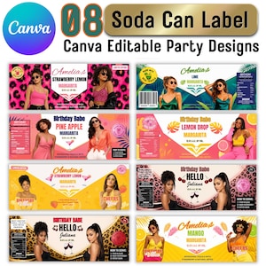 May include: A collection of eight rectangular soda can label designs featuring various colorful themes, text including Amelia's and Birthday Babe, illustrations of fruit, cocktails, and photographs of people, all presented as editable Canva templates.